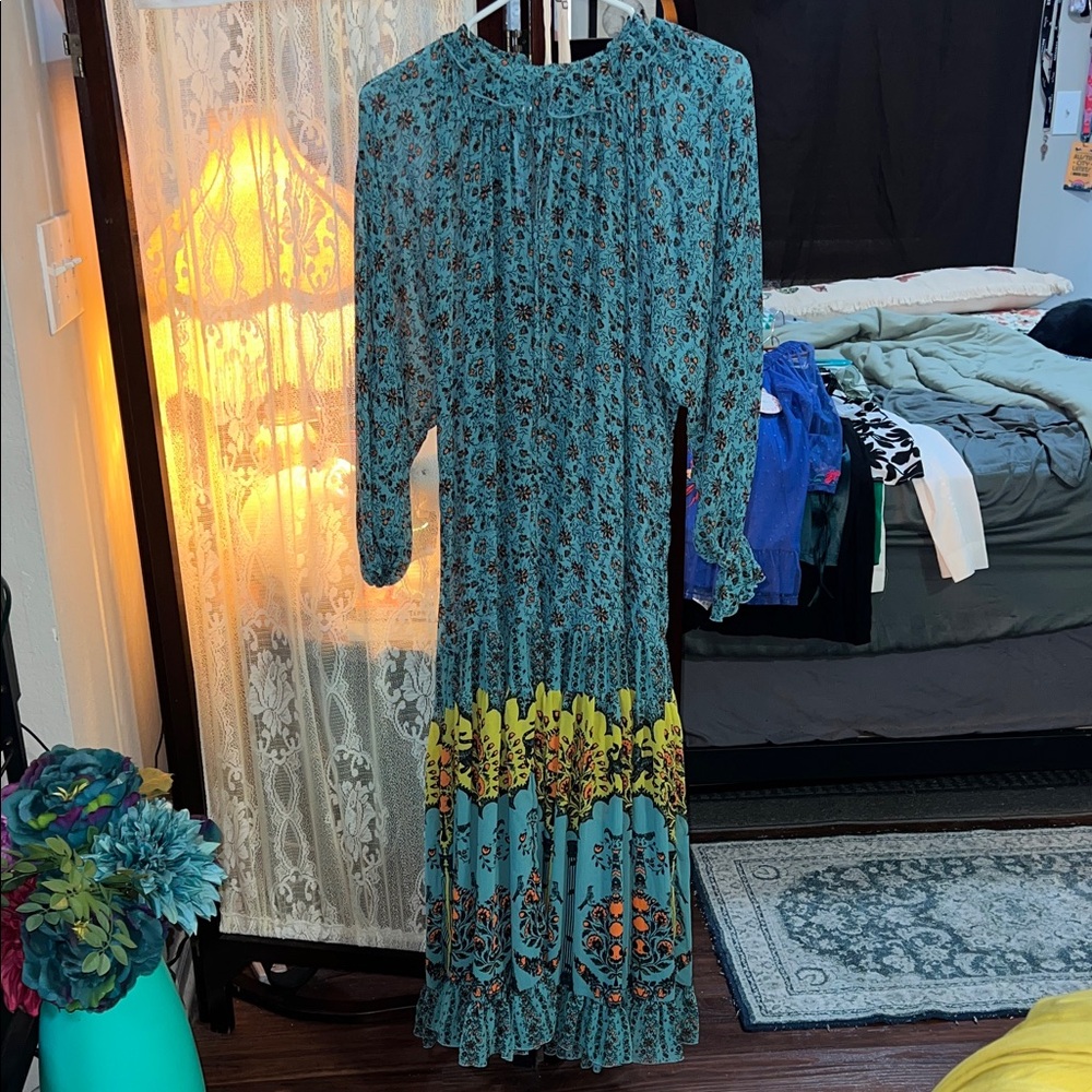 Free People Teal Floral Long Sleeve Maxi Dress with Yellow Border